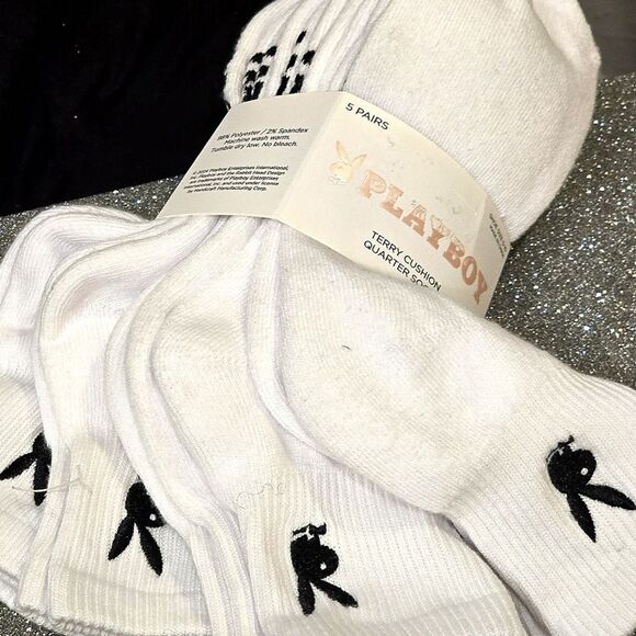 Playboy 5-Pairs Bunny Logo Terry Cushion Unisex Quarter Socks - Picture 2 of 4
